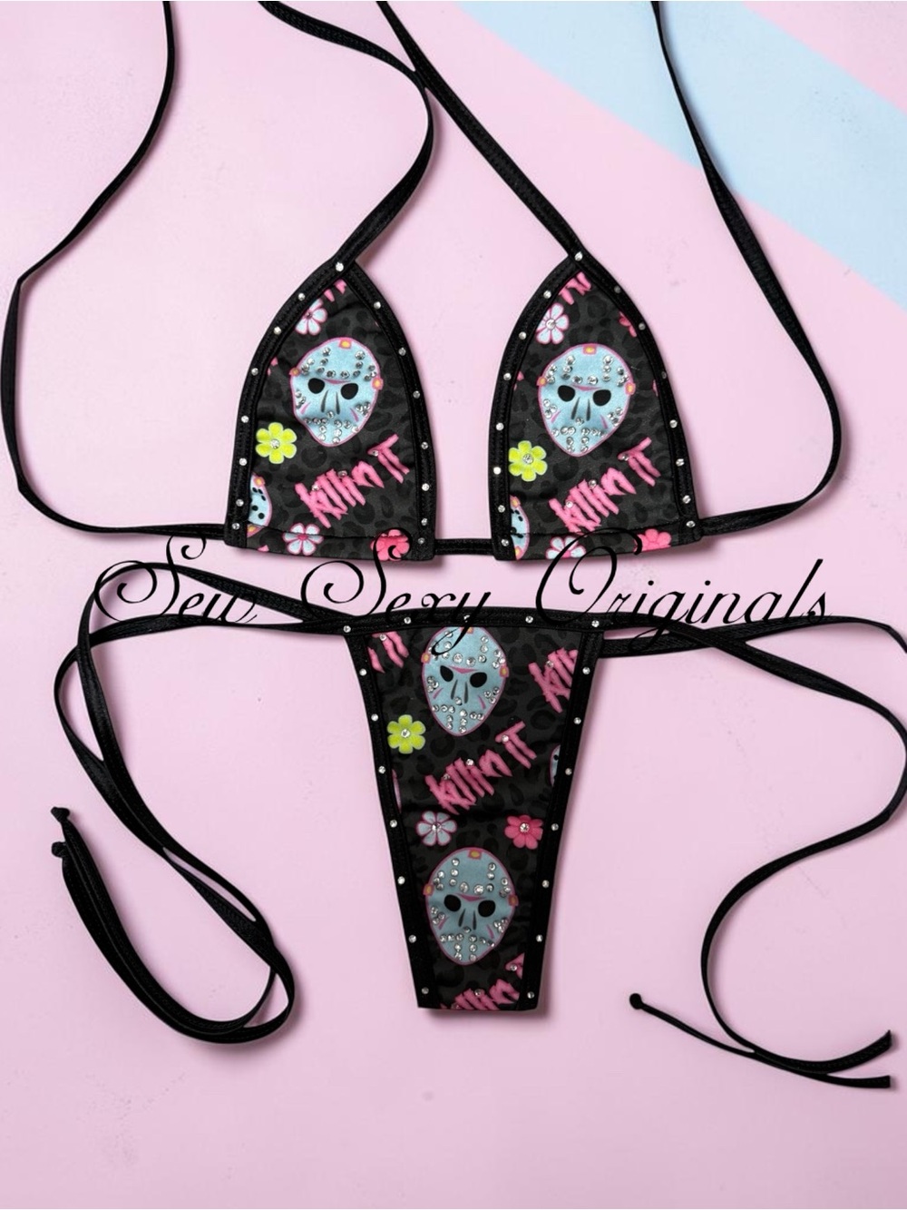 Microkini Set  Horror Exotic Dancewear Stripper Halloween Rhinestones